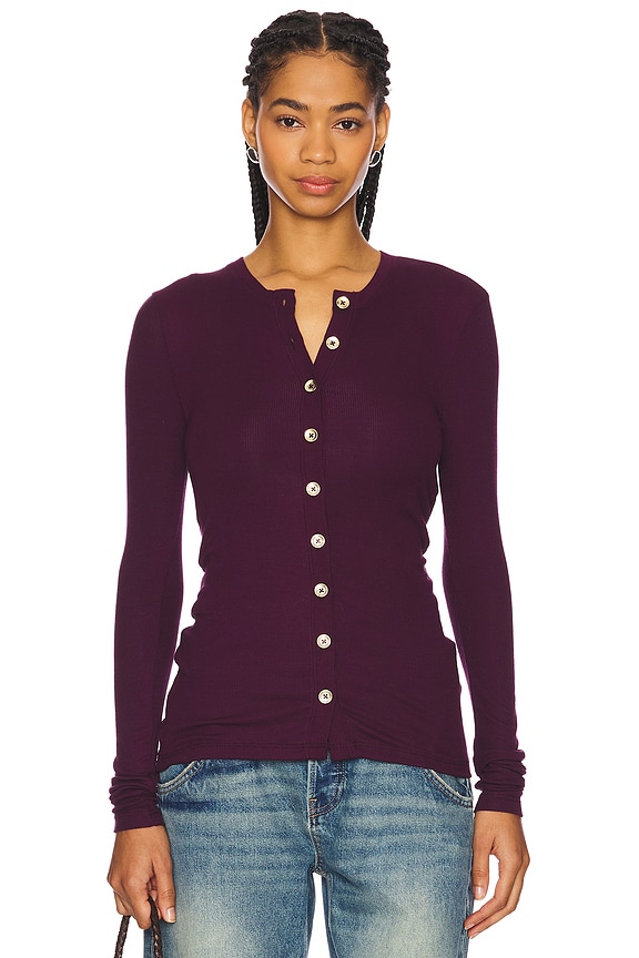 view 2 of 5 Classic Cardigan Gold Button in Aubergine