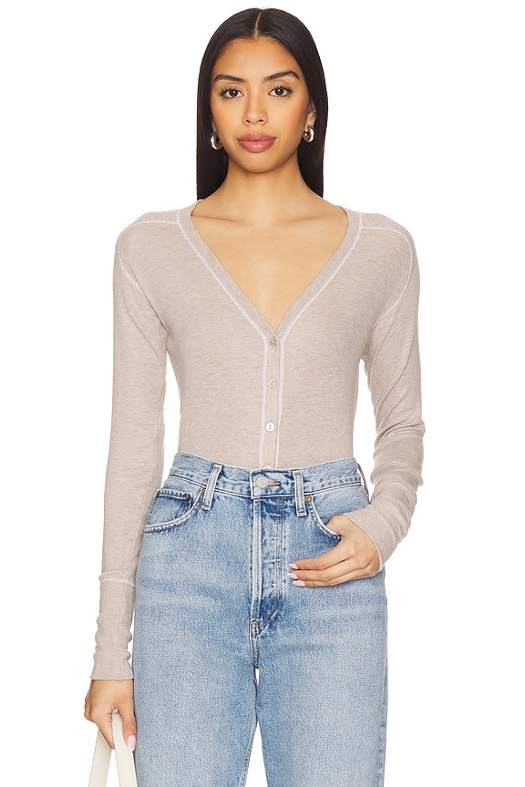 view 1 of 4 Saddle Shoulder Cardigan in Taupe Heather & White Stitch