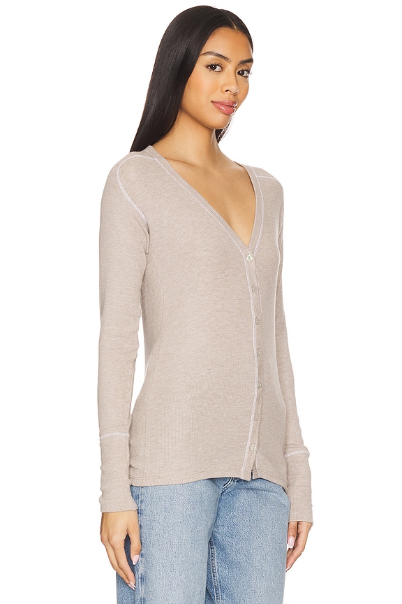 view 2 of 4 Saddle Shoulder Cardigan in Taupe Heather & White Stitch