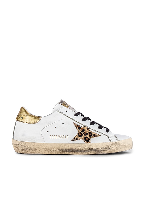 Golden Goose Superstar Sneaker in White Leather, Gold & Leopard | REVOLVE