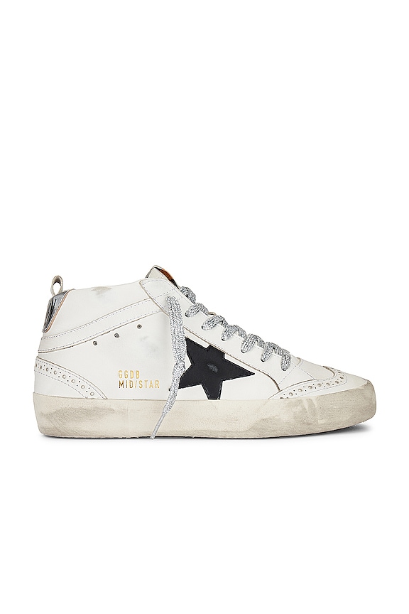 Golden Goose Mid Star Sneaker in White, Black, & Silver | REVOLVE