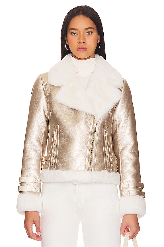 view 2 of 5 BLOUSON MOTARD IMITATION FOURRURE DION in Pale Gold & White
