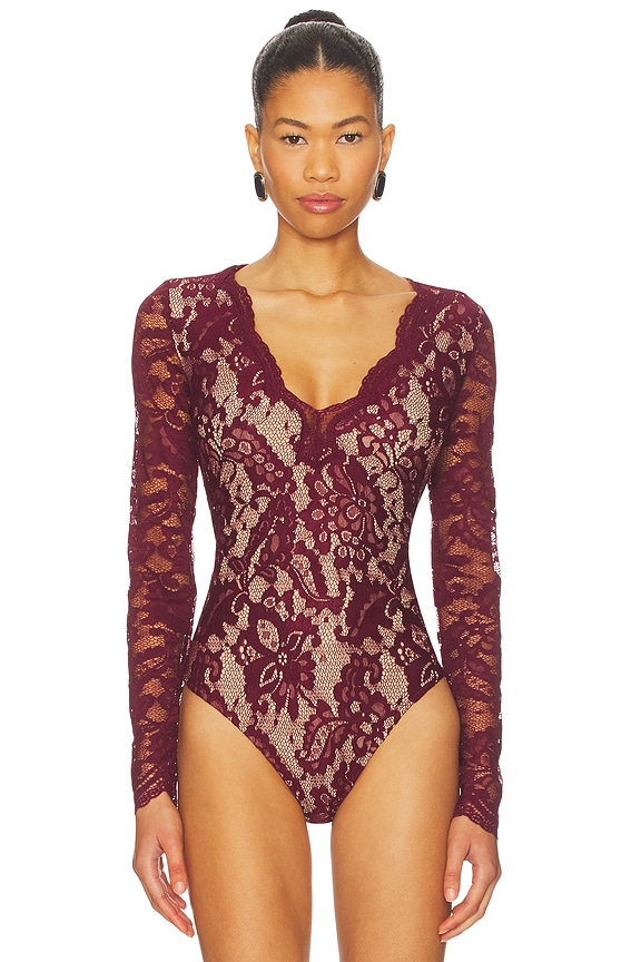 view 2 of 5 Alessia Lace Bodysuit in Cabernet & Beige