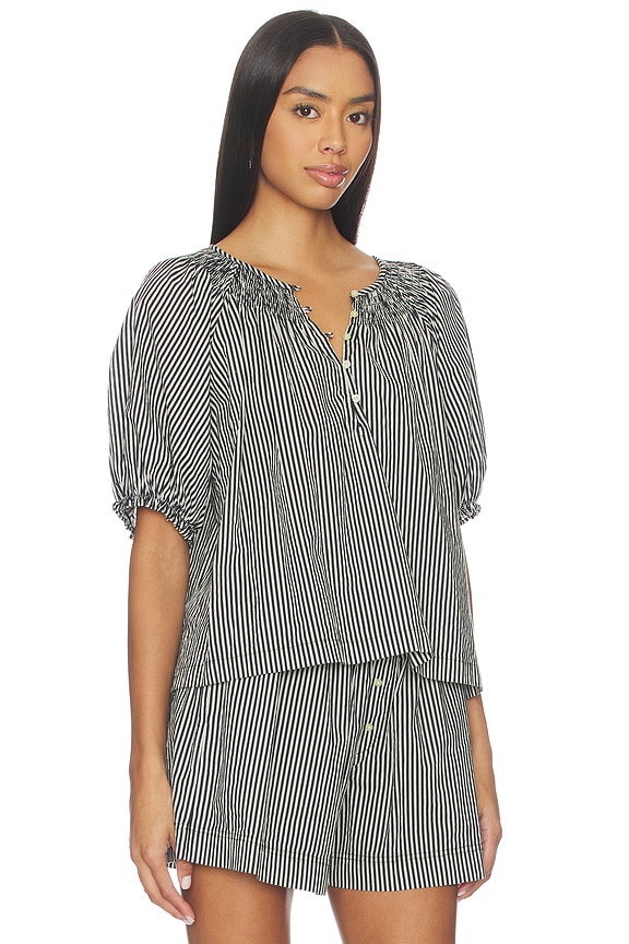 view 2 of 5 The Smocked Sleep Top in Black & Cream Crew Stripe