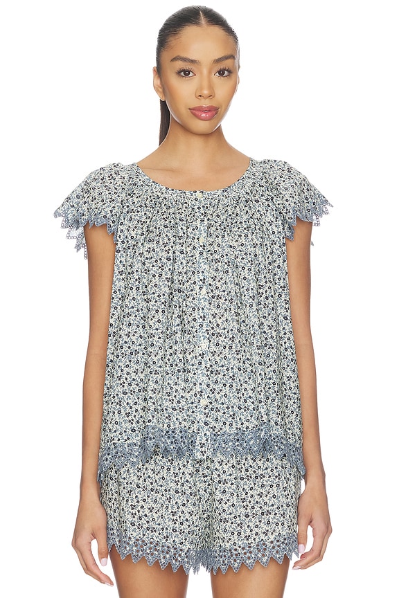 view 1 of 5 The Flutter Sleeve Eyelet Top in Bluebell Ditsy