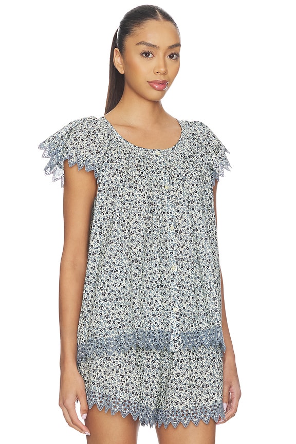 view 2 of 5 The Flutter Sleeve Eyelet Top in Bluebell Ditsy