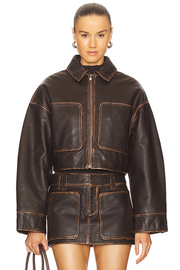 view 2 of 5 CROPPED LEATHER PATCH POCKET 자켓 in Brown