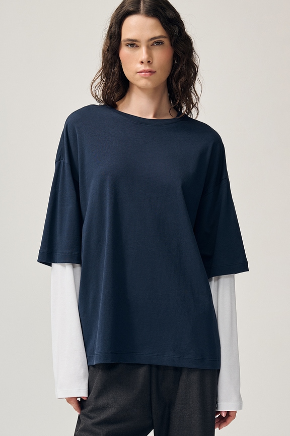 view 2 of 8 Layered Long Sleeve Tee in Navy & White