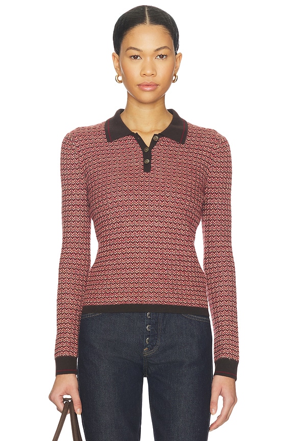 view 1 of 4 Chevron Long Sleeve Shrunken Polo Top in Burnt Cocoa Combo