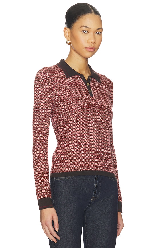 view 2 of 4 Chevron Long Sleeve Shrunken Polo Top in Burnt Cocoa Combo