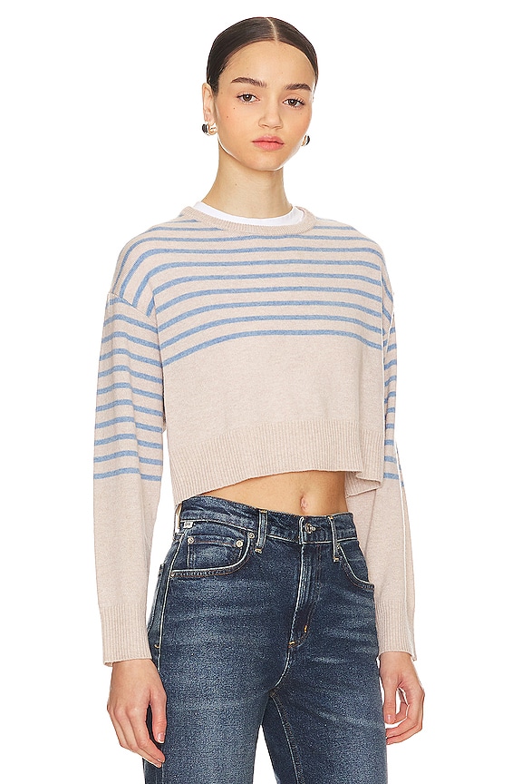 view 2 of 4 Wool Cashmere Stripe Crew Neck Sweater in Oatmeal & Light Blue