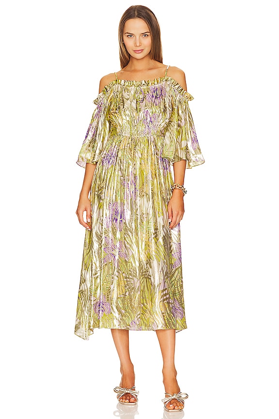 Hayley Menzies Off Shoulder Silk Lurex Jacquard Gathered Dress In Tropical Hibiscus Revolve 7993