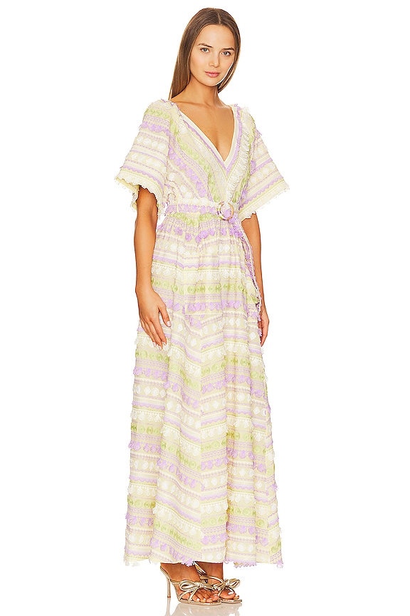 view 2 of 3 Embroidered Kimono Sleeve V-neck Cotton Maxi Dress in Sun Wink Chartreuse