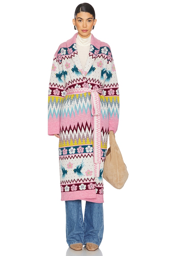 view 2 of 4 Merino Jacquard Shawl Long Cardigan in Charming Birds Fairisle