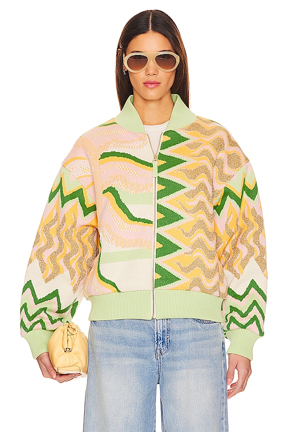 view 2 of 6 Cotton Jacquard Bomber Jacket in Under The Sun Pink & Green