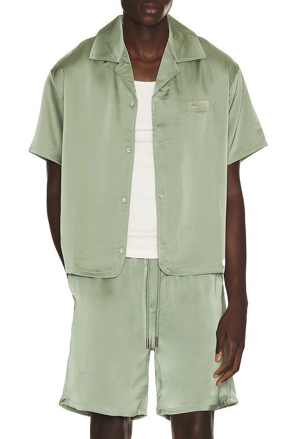 view 1 of 5 Satin Chest Logo Camp Collar Shirt in Sage