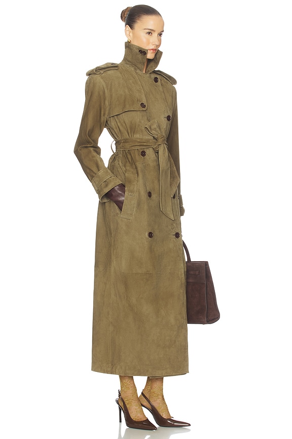 view 2 of 3 Suede Trench Coat in Khaki Green