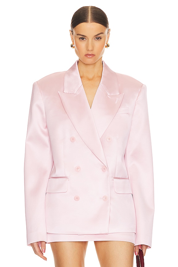 Helsa Heavy Satin Double Breasted Jacket in Pale Pink | REVOLVE