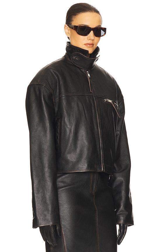 view 2 of 4 The Leather Oversized Moto Jacket in Black Distressed