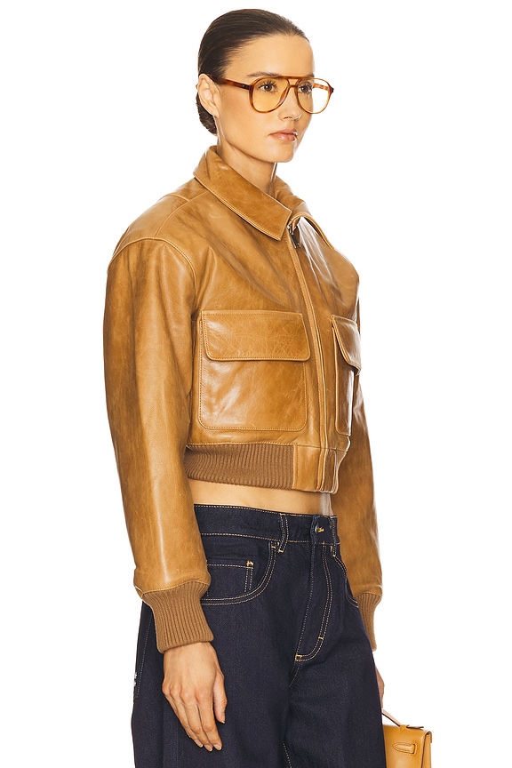 view 2 of 4 The Leather Bomber Jacket in Saddle Brown