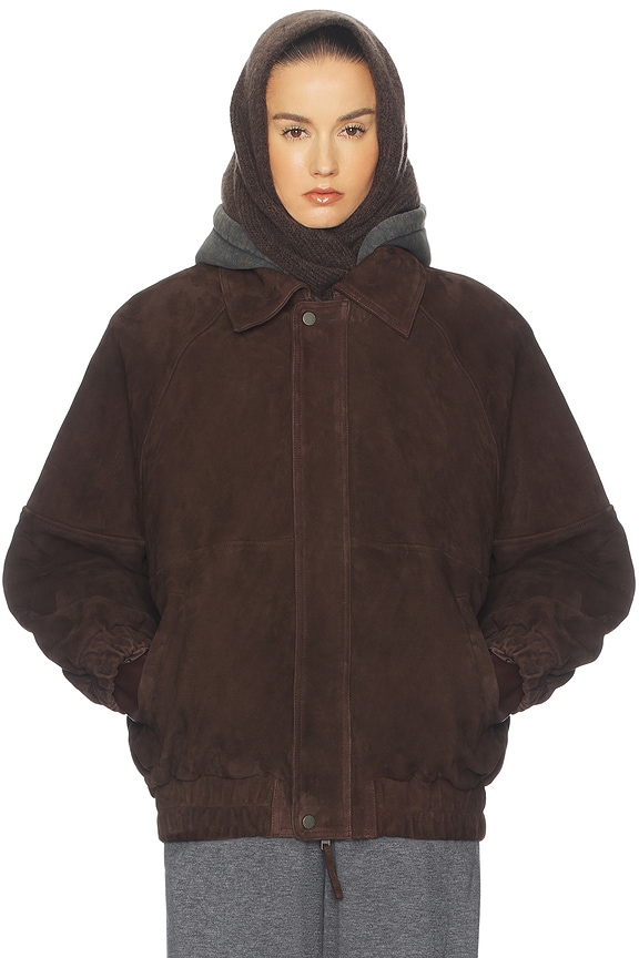 view 2 of 5 The Oversized Suede Bomber in Dark Brown