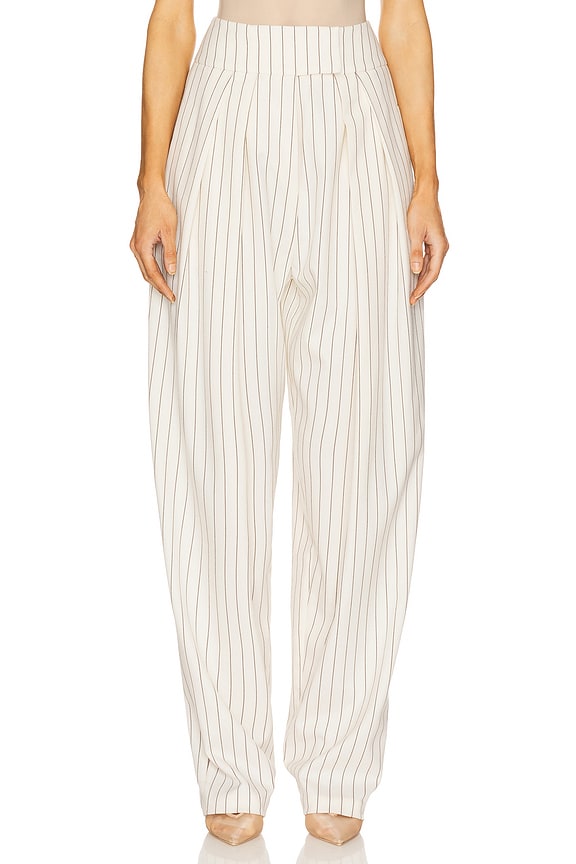 view 2 of 7 Pinstripe High Waist Pleated Suit Trouser in Ivory & Brown Stripe