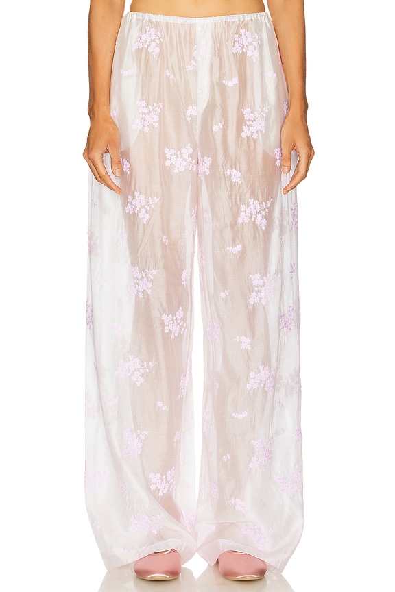 view 2 of 6 PANTALONES HOUSE PANTS IN CHERRY BLOSSOM EMBROIDERY in White & Pink Embroidery