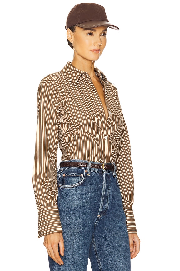 view 2 of 5 Pinstripe Poplin Fitted Shirt in Brown & Cream Stripe
