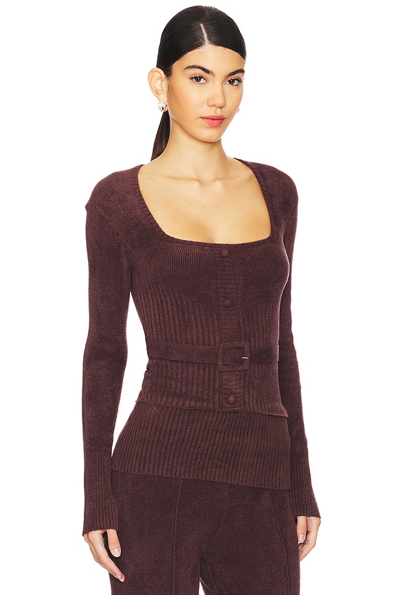 view 2 of 4 벨트와 로우백이 있는 벨루어 리브 니트 탑 in Chocolate