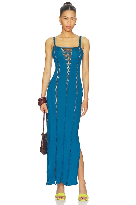 view 1 of 3 Soren Solid Maxi Slash Dress With Macrame Trim in Adriatic