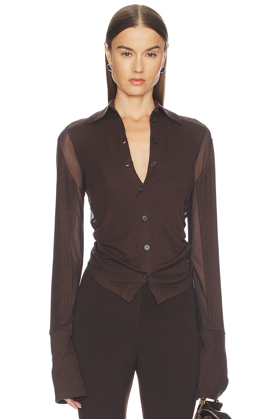 view 2 of 5 Gathered Back Button Up Top in Dark Brown