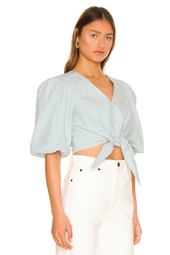 view 2 of 4 Ellen Cotton Oxford Balloon Sleeve Top in Cactus Stripe