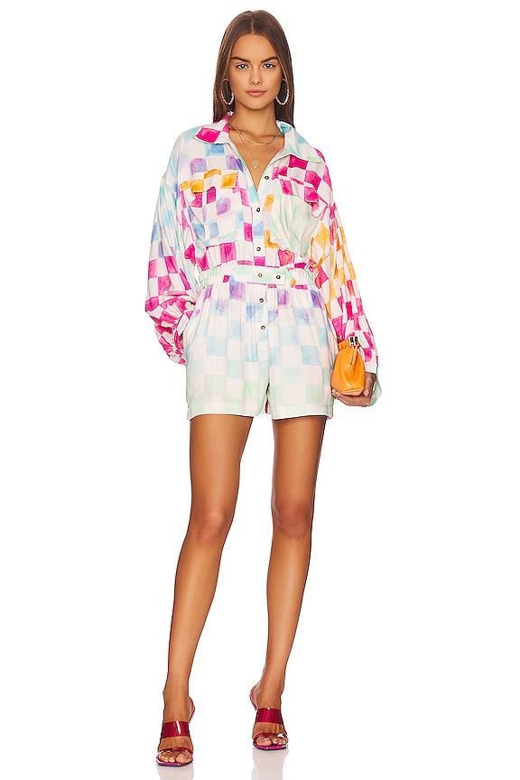 view 1 of 3 Ocean Front Satisfaction Romper in Rainbow Check