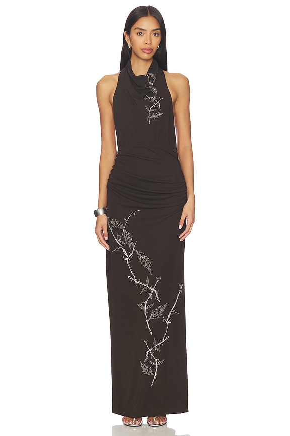 view 2 of 5 Dahlia Rhinestone Halter Gown in Chocolate Brown