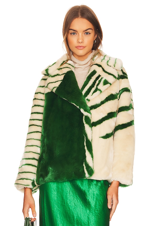 Jakke Rita Faux Fur Coat in Green Stripe | REVOLVE