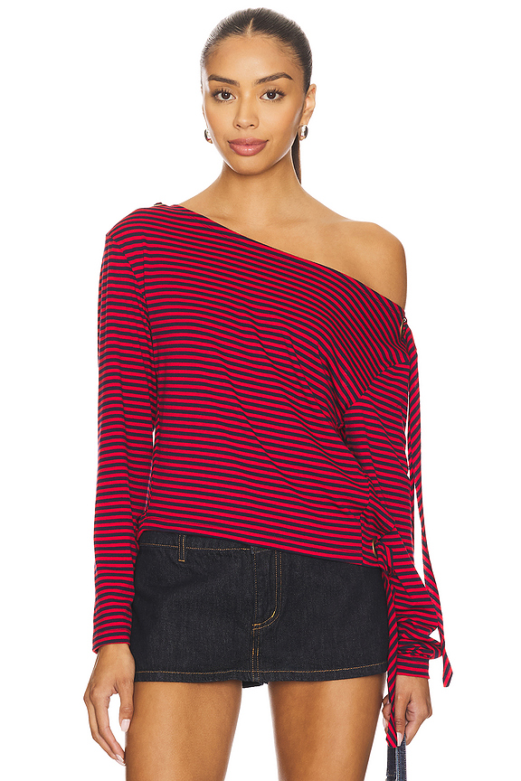 view 2 of 7 DISTRESSED BACK OFF SHOULDER STRIPE トップ in Red