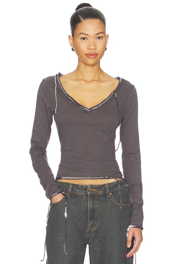 view 2 of 5 Sequin Trim V Neck Tee in Grey