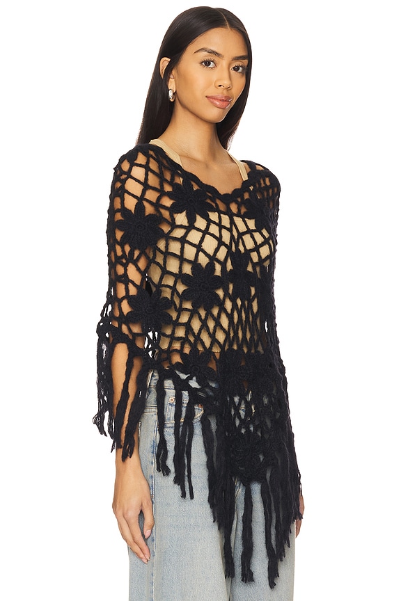 view 2 of 5 Ruffle Flower Knitted Poncho in Black