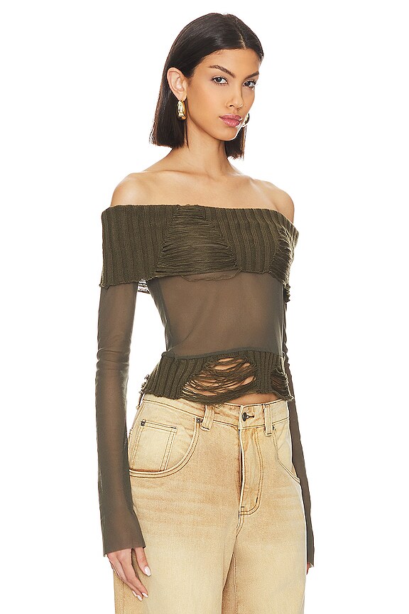 view 2 of 4 NOVA オフショルダーメッシュトップ in Dark Green