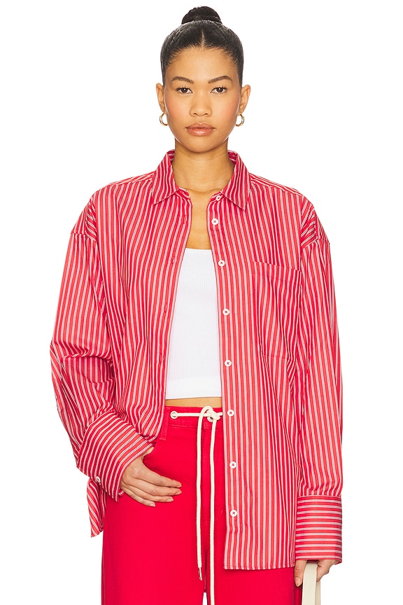 view 1 of 5 Boyfriend Button Down Shirt in Cherry Red & White Stripe