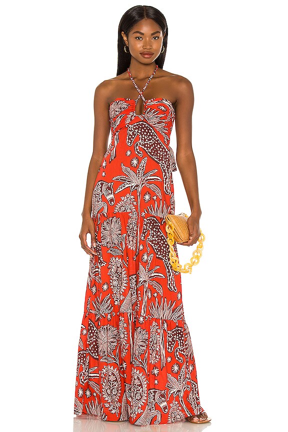 view 1 of 3 MAXIVESTIDO SENORES DEL FUEGO in Macondo Picante Red & Chocolate