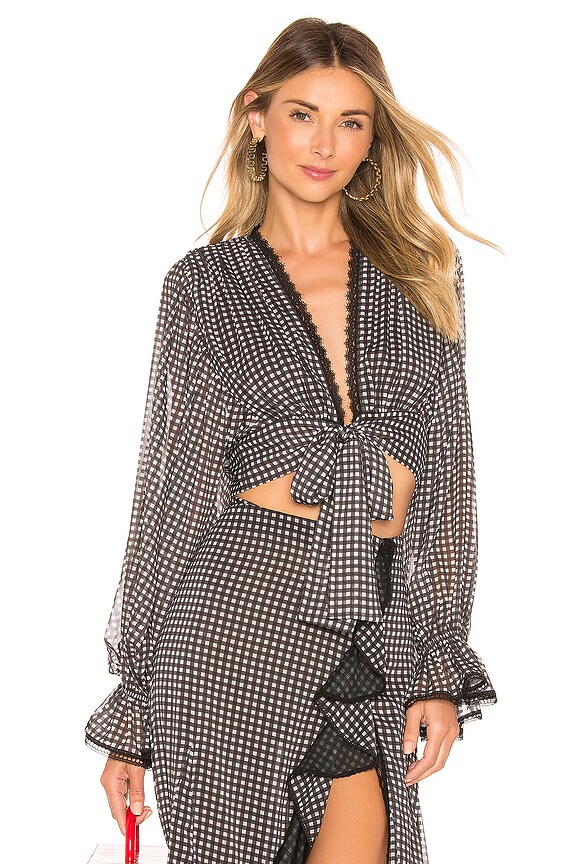 view 1 of 4 Gingham Front Tie Ruffle Sleeve Blouse in Black & White