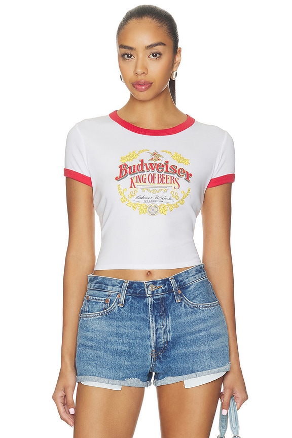 view 1 of 4 Budweiser Ringer Baby Tee in White & Red
