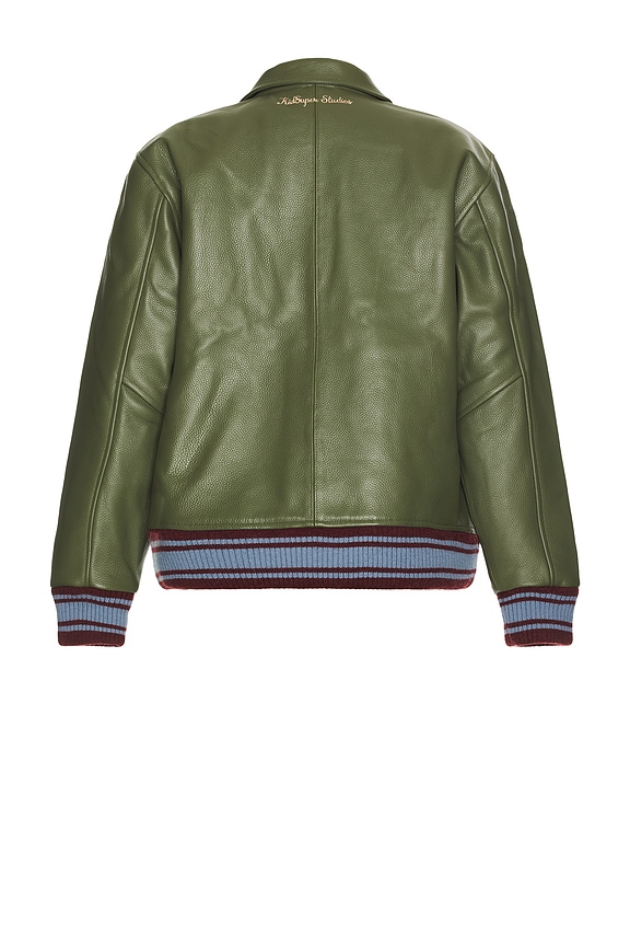 view 2 of 5 Patchwork Face Leather Varsity Jacket in Green