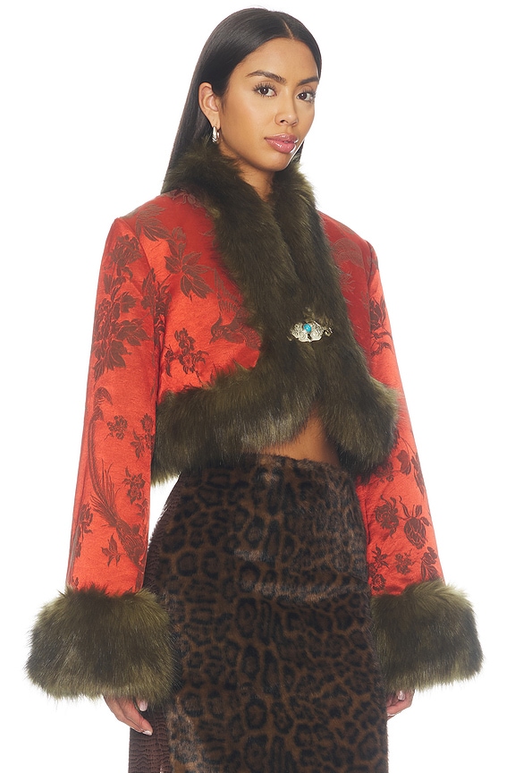 view 2 of 5 Moon Silk Brocade Cropped Jacket in Vermillion