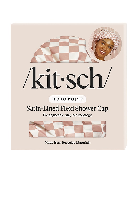 view 2 of 8 Satin-Lined Flexi Shower Cap in Terracotta Checker