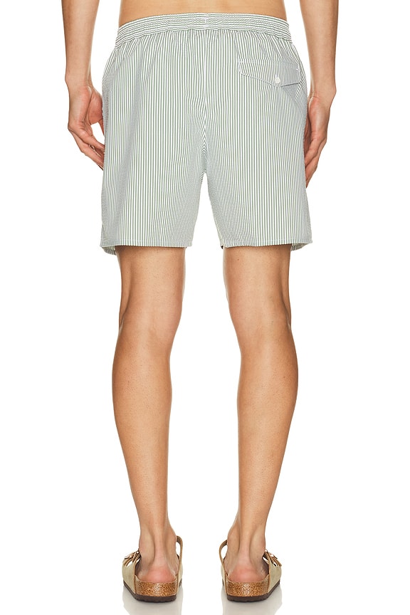 view 2 of 5 Mid Length Striped Textured Swim Trunks in White & Vert
