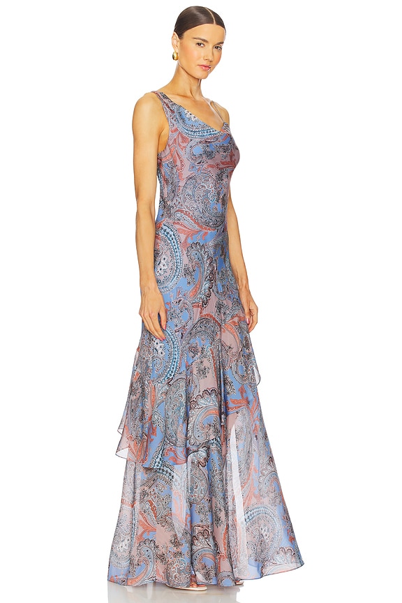 view 2 of 4 Viola Asymmetrical Cowl Neck Gown in Periwinkle Multi French Paisley