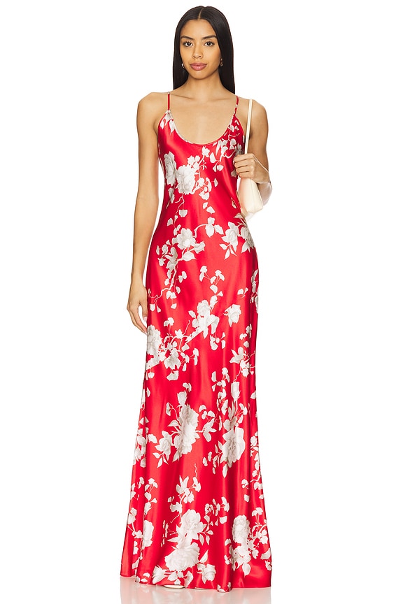 view 1 of 3 Charmaine U Neck Gown in Red & Ivory Ikebana