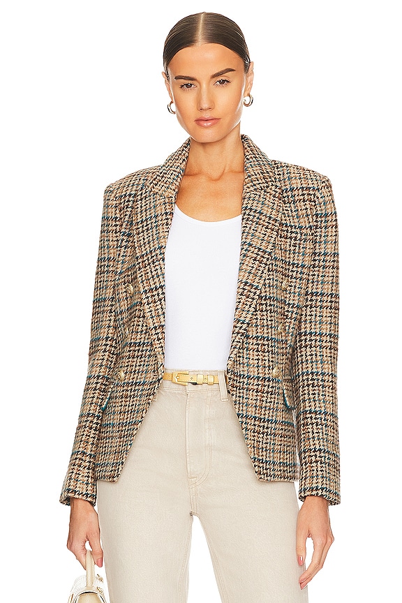 L'AGENCE Kenzie Double Brested Blazer in Tan Teal Multi Twill Plaid ...
